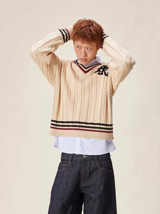 EVILKNIGHT(EK) Logo Cable Knit V Neck Sweater | Face 3 Face