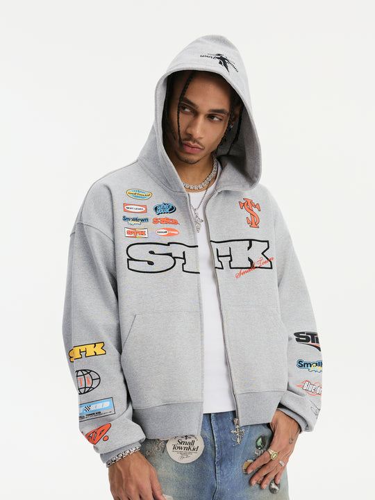 Small Town Kid Racing Badge Printed and Embroidered Zip-Up Hoodie | Face 3 Face