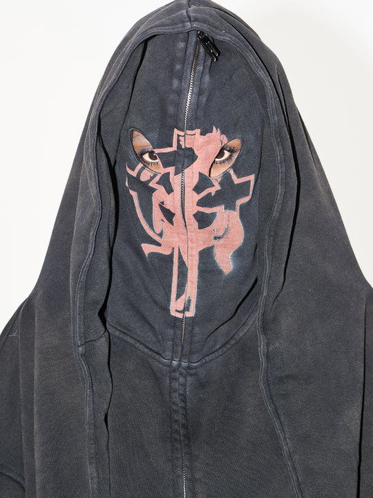BLIND NO PLAN Cross Horse Mask Washed Print Zip-Up Hoodie | Face 3 Face