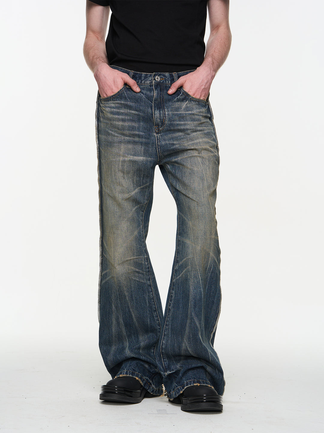 BLIND NO PLAN Blue Washed Whiskered Distressed Bootcut Jeans | Face 3 Face