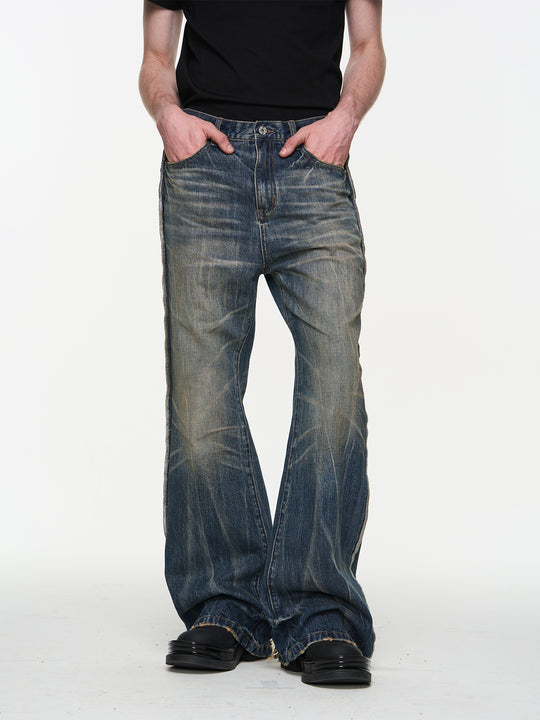 BLIND NO PLAN Blue Washed Whiskered Distressed Bootcut Jeans | Face 3 Face