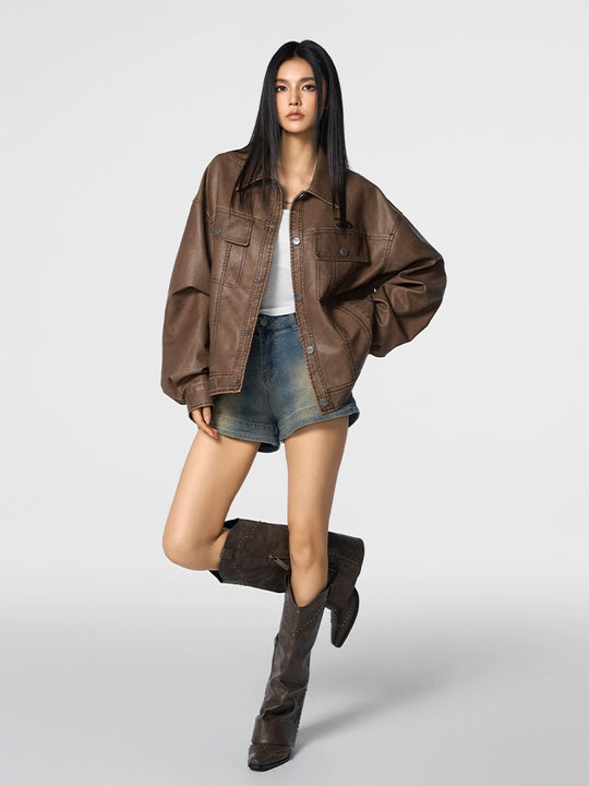 Achock Washed Leather Denim Jacket | Face 3 Face