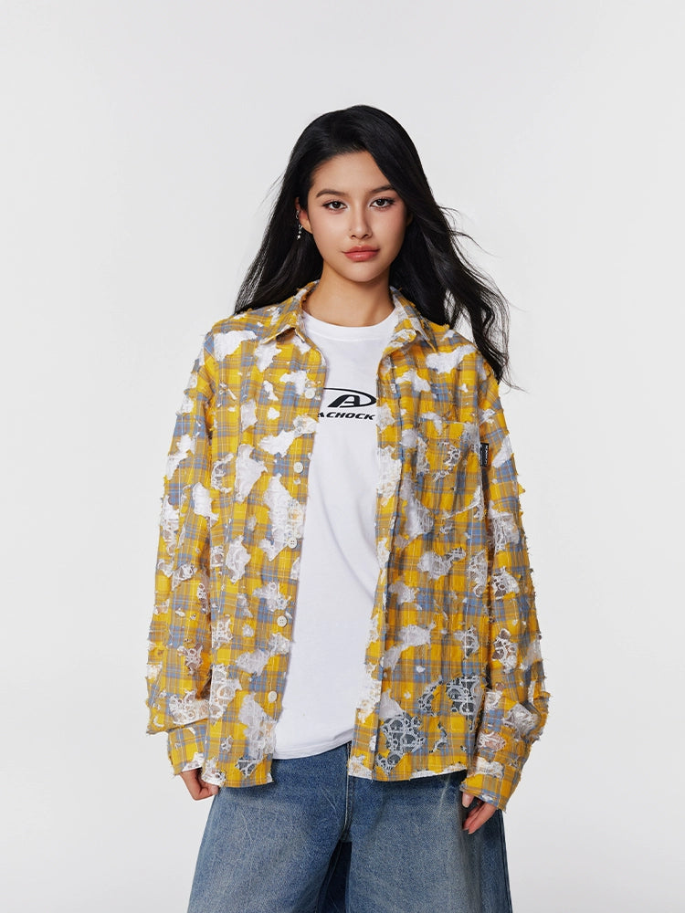 Achock Holes Lace Patches Plaid Long Sleeved Shirt | Face 3 Face