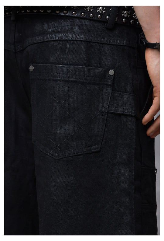 ANTIDOTE Brushed Waxed Studded Double Knee Cutoff Baggy Shorts | Face 3 Face