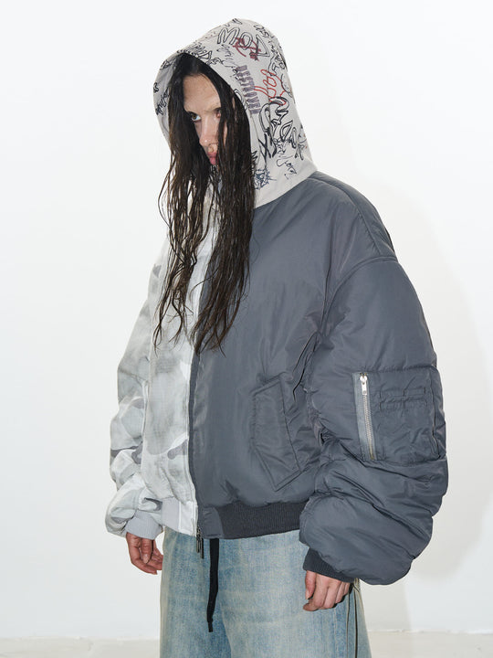 BLIND NO PLAN Graffiti Print Hooded Mixed Fabrics MA-1 Bomber Jacket | Face 3 Face