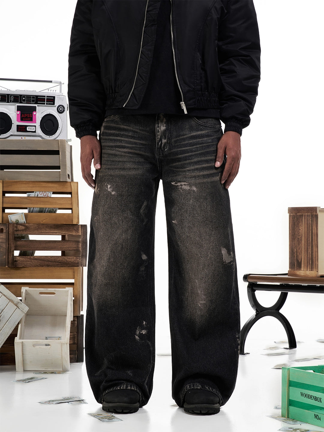 F3F Select Dirty Dye Whisker Black Washed Baggy Jeans | Face 3 Face