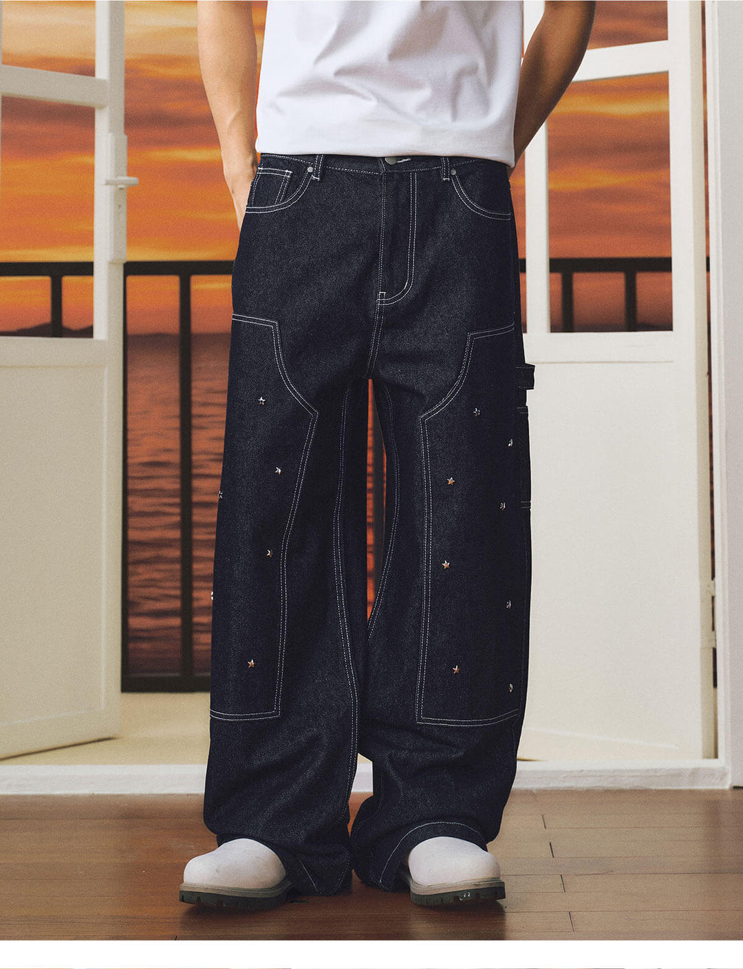 MEDM Star Studded Double Knee Baggy Jeans | Face 3 Face