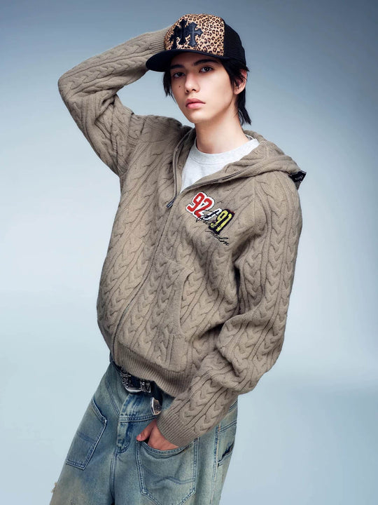 MEDM Patch Applique Zip Up Knit Hoodie | Face 3 Face