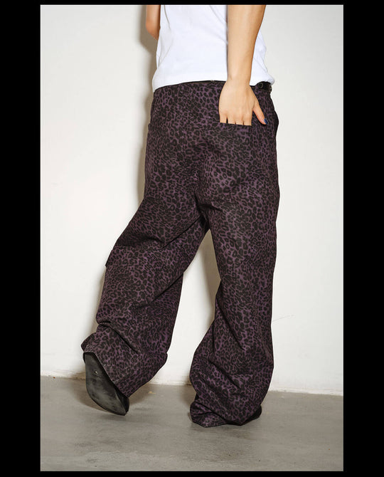 NOVACAM Purple Leopard Print Curved Baggy Pants | Face 3 Face