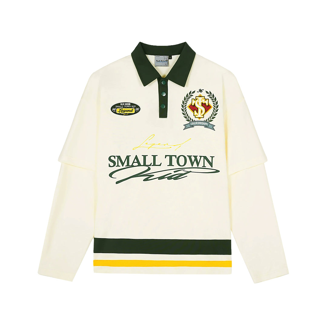Small Town Kid 3D Embroidered Badge Fake Two-Piece Long-Sleeve Polo | Face 3 Face