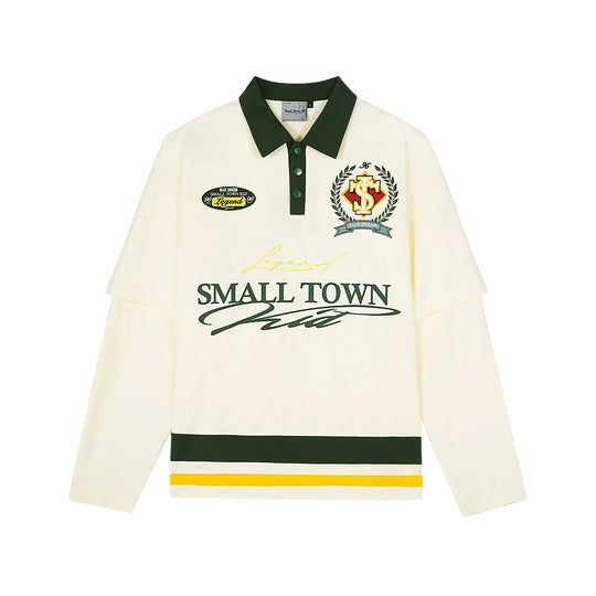 Small Town Kid 3D Embroidered Badge Fake Two-Piece Long-Sleeve Polo | Face 3 Face