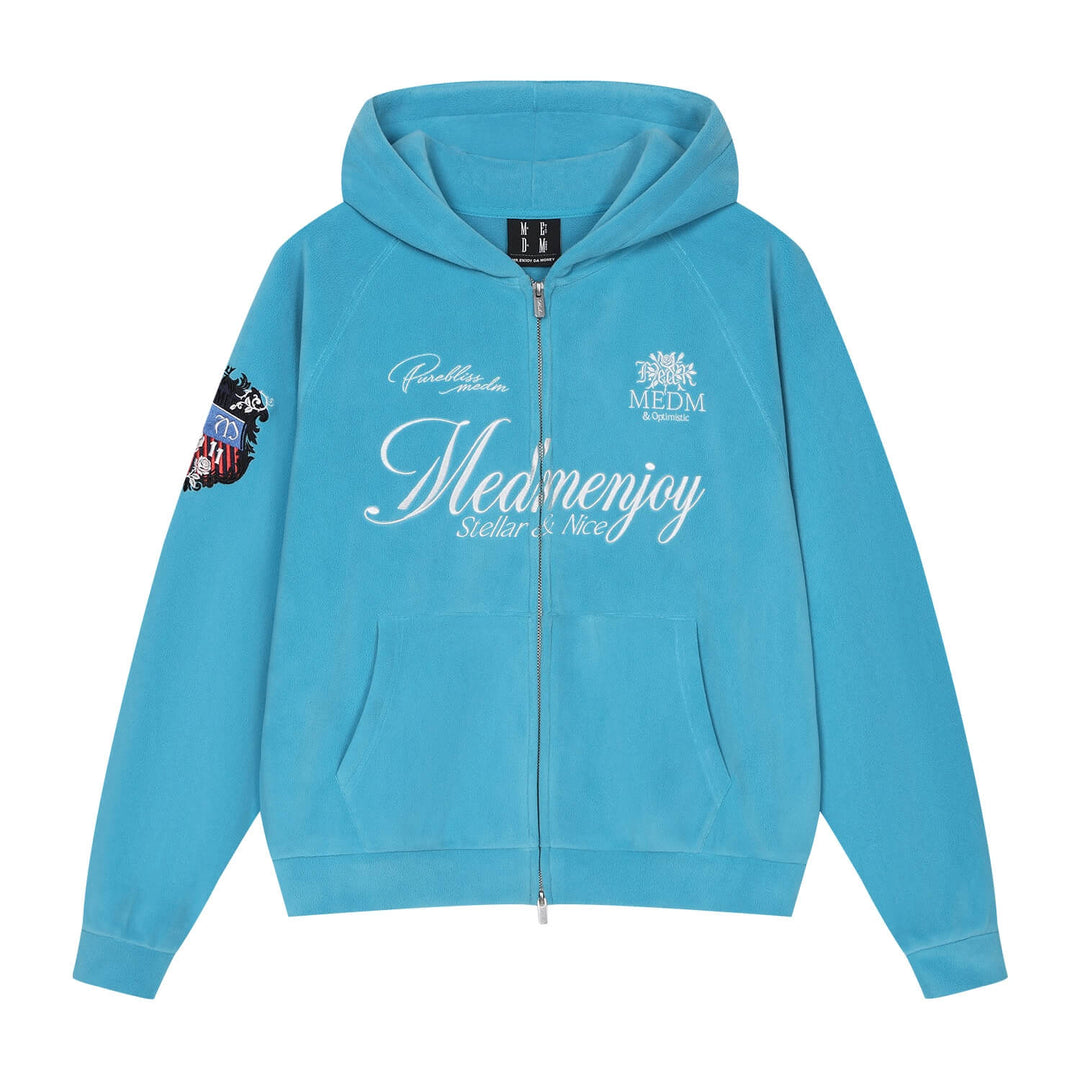 MEDM Rose Embroidered Patch Zip Up Fleece Hoodie | Face 3 Face