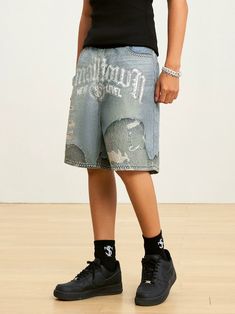 Small Town Kid Rhinestone Destroyed Print Denim Shorts | Face 3 Face