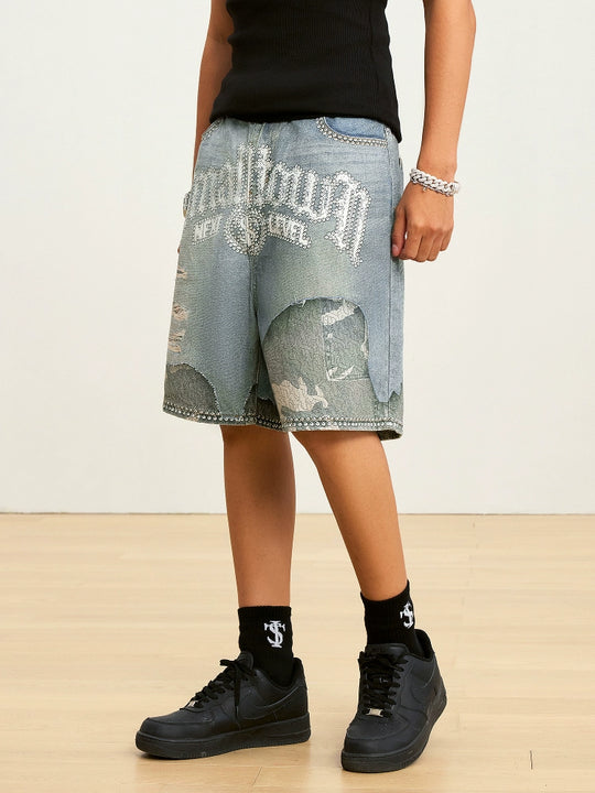Small Town Kid Rhinestone Destroyed Print Denim Shorts | Face 3 Face