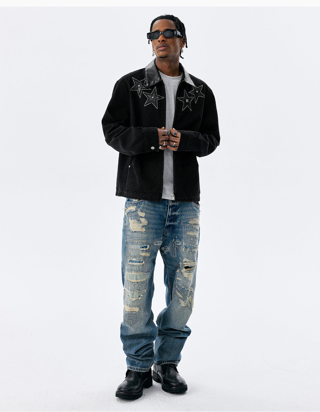 MEDM Star Studded Leather Patch Detroit Jacket | Face 3 Face