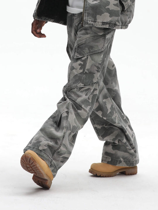 UNTILWERICH Washed Camouflage Work Cargo Pants