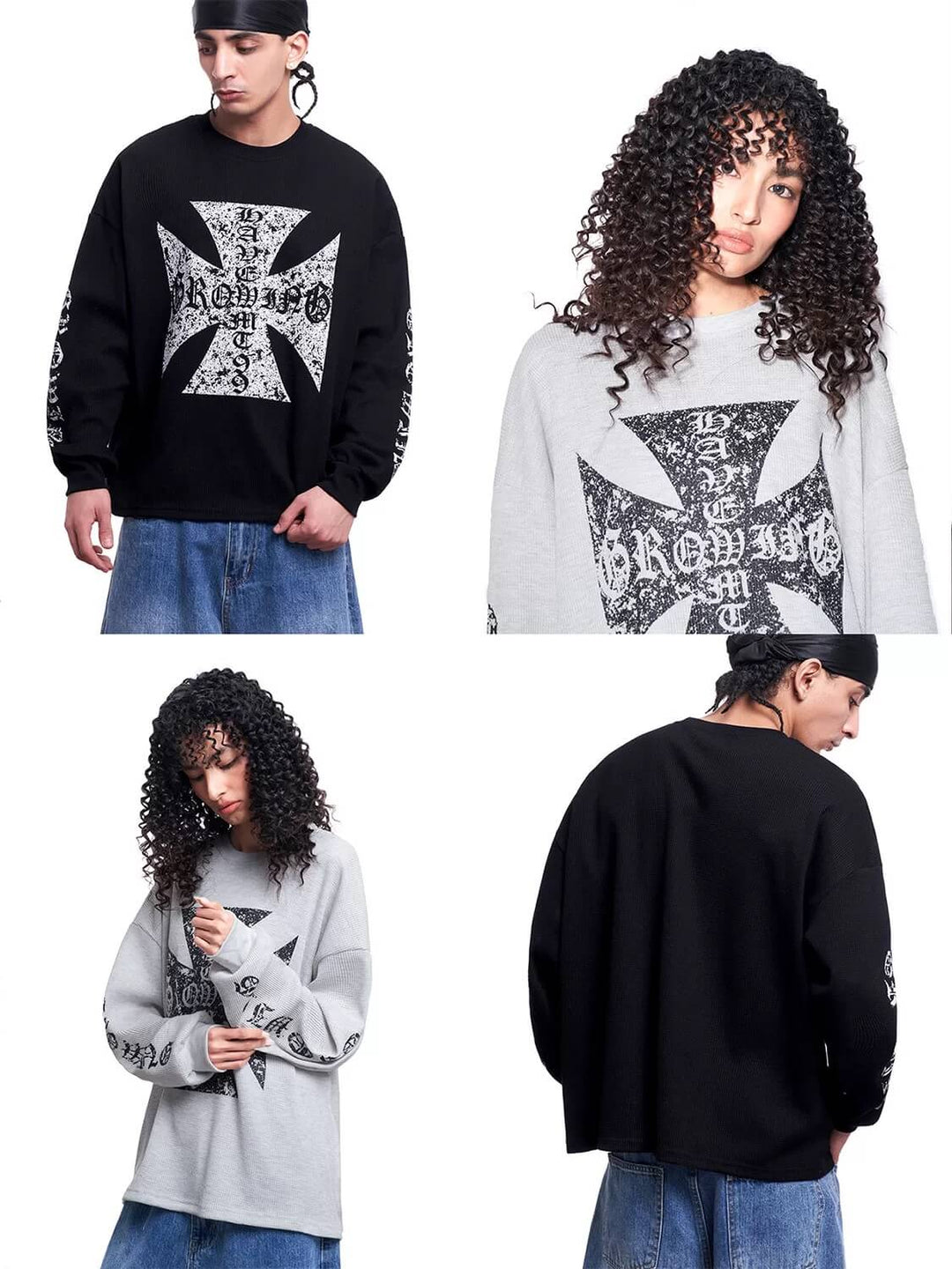 F3F Select Vintage Cross Print Waffle Long Sleeve Tee | Face 3 Face