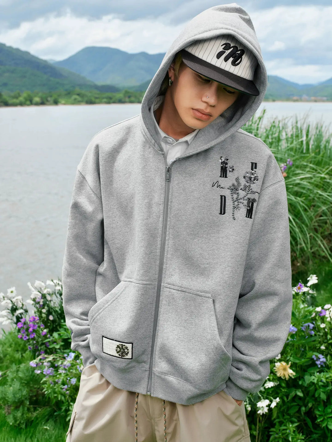 MEDM Beaded Flower Embellished Zip Up Hoodie | Face 3 Face