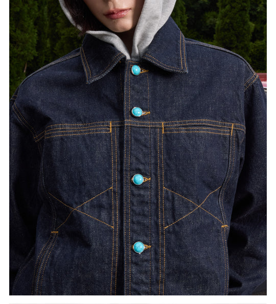 S45 Turquoise Button Denim Jacket | Face 3 Face