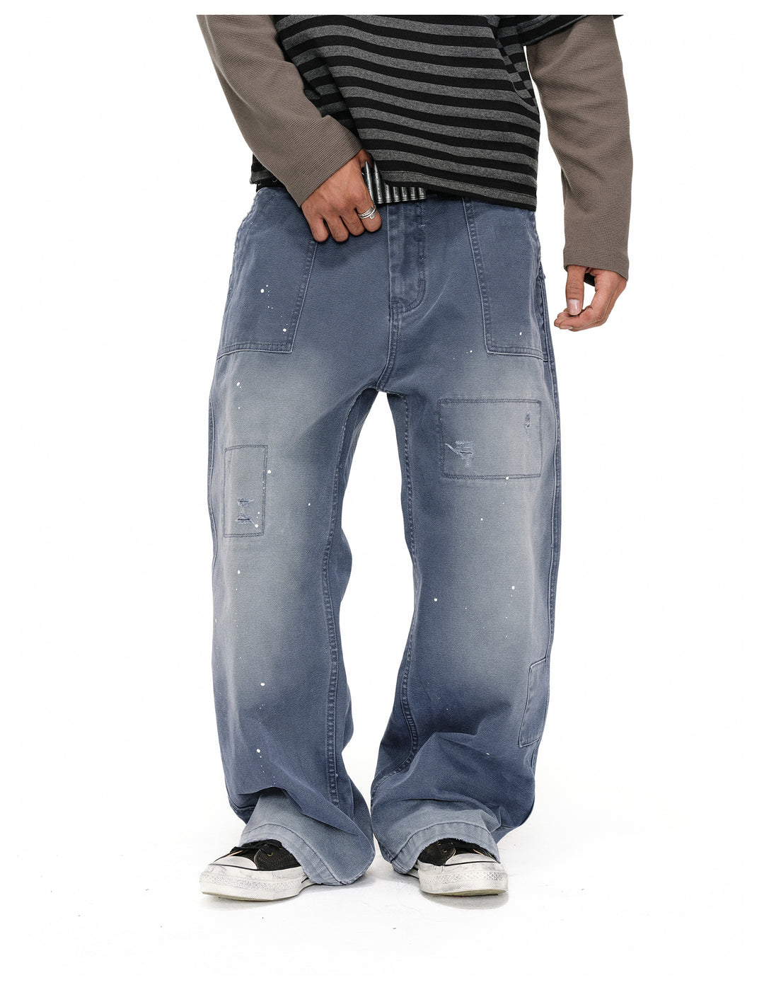 ANTIDOTE Destroyed Denim Blue Patchwork Work Pants | Face 3 Face