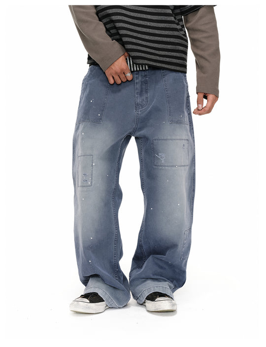 ANTIDOTE Destroyed Denim Blue Patchwork Work Pants | Face 3 Face