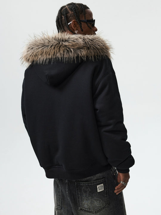 MEDM Faux Fur Lined Hooded Fur Zip Up Jacket | Face 3 Face
