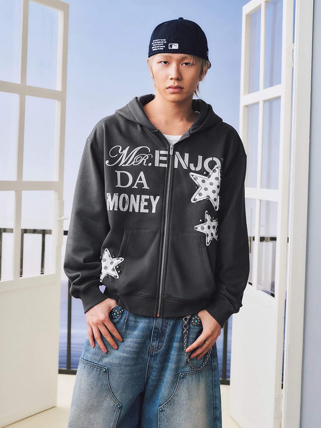 MEDM Dot Pattern Star Patch Studded Zip Up Hoodie | Face 3 Face