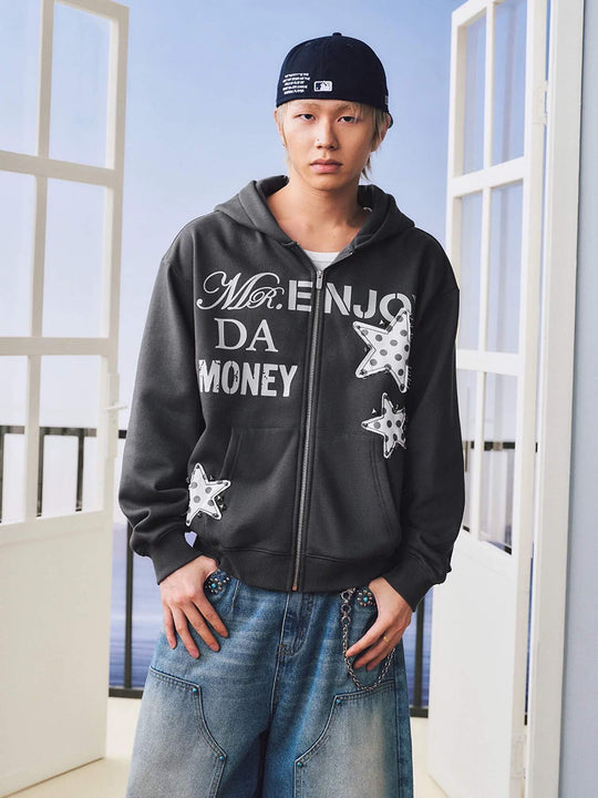 MEDM Dot Pattern Star Patch Studded Zip Up Hoodie | Face 3 Face