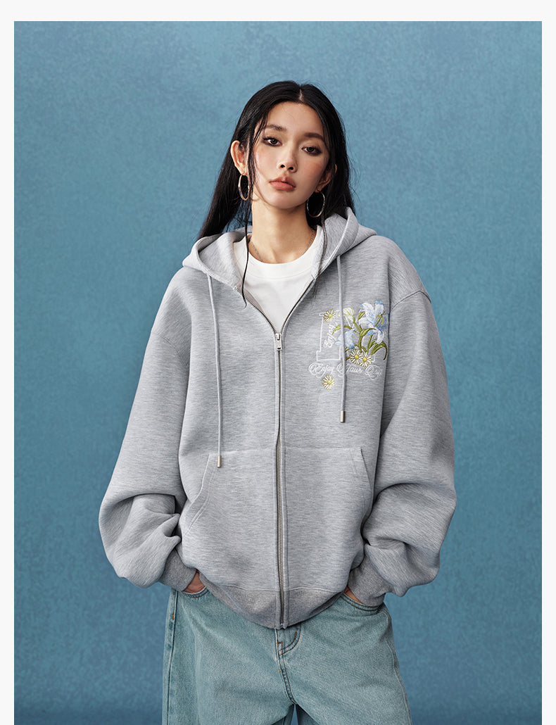 MEDM Floral Embroidery Air Layer Zip-Up Hoodie | Face 3 Face