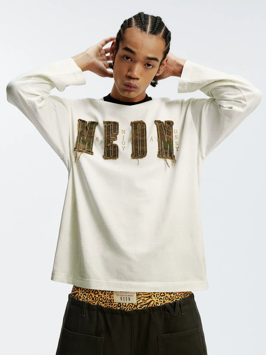 MEDM Frayed Logo Patch Washed Distressed Long Sleeve Tee | Face 3 Face