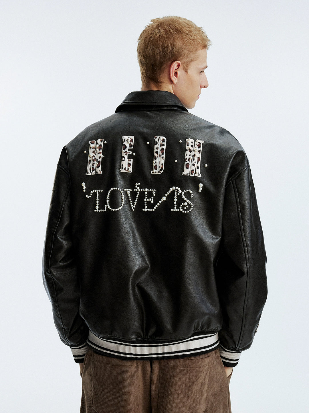 MEDM Leopard Patch Pearl PU Leather Varsity Jacket | Face 3 Face