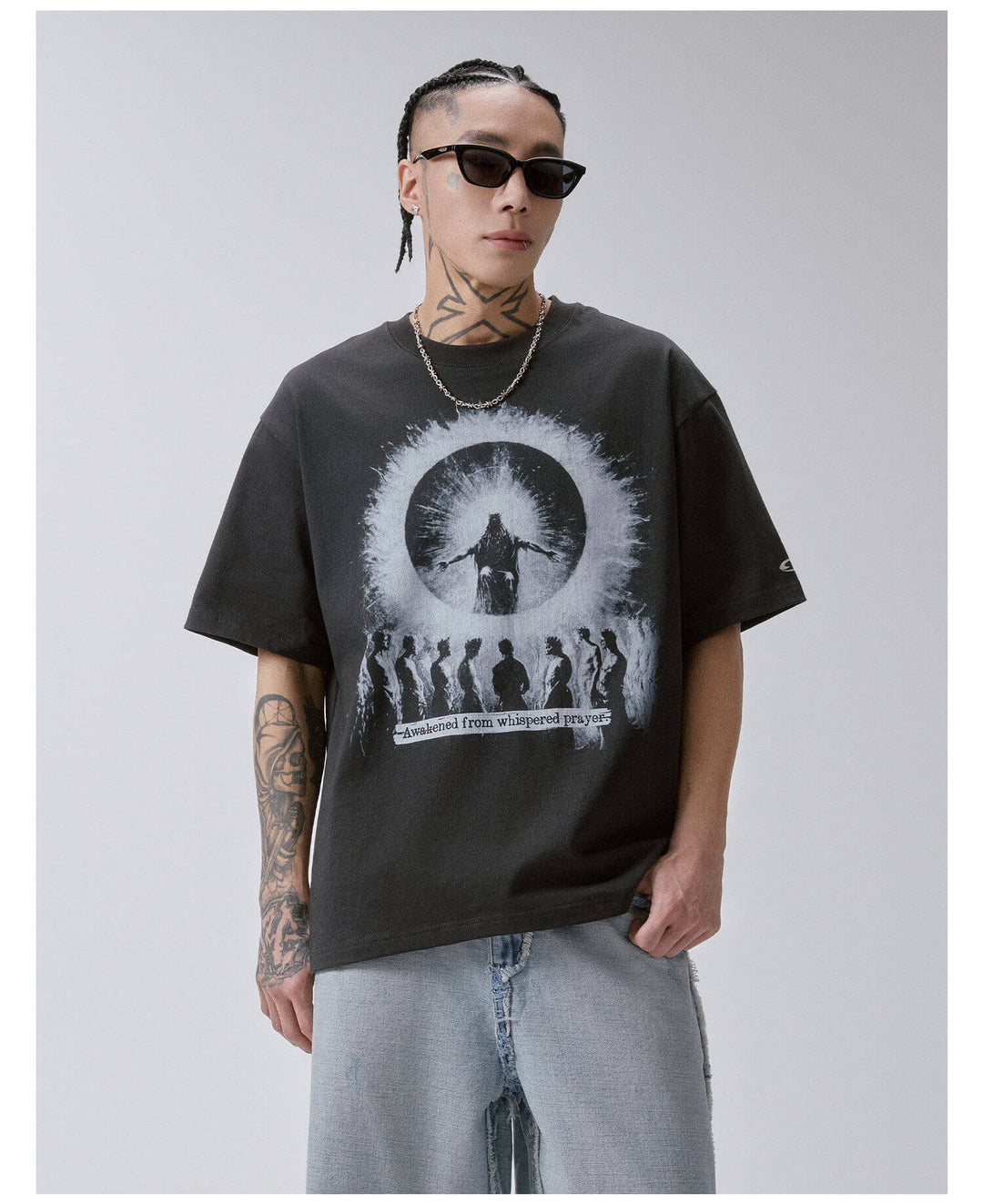 F2CE Praying Figure Silhouette Print Washed Distressed Short Sleeve Tee | Face 3 Face