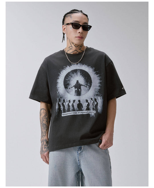 F2CE Praying Figure Silhouette Print Washed Distressed Short Sleeve Tee | Face 3 Face