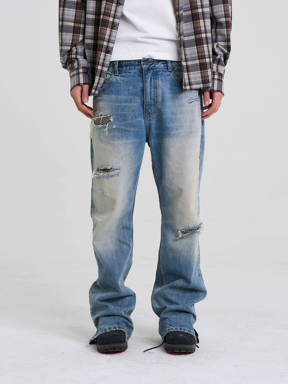 EVILKNIGHT(EK) Washed Checkered Patch Distressed Jeans | Face 3 Face