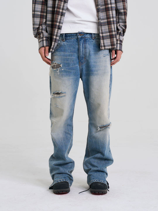 EVILKNIGHT(EK) Washed Checkered Patch Distressed Jeans | Face 3 Face