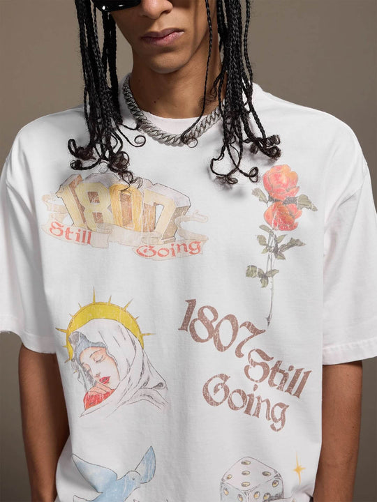 1807 Vintage Print Washed Distressed Short Sleeve Tee | Face 3 Face