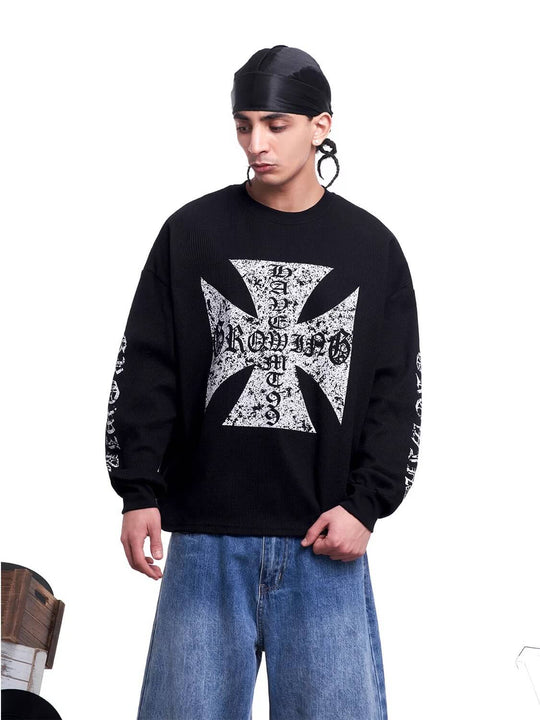 F3F Select Vintage Cross Print Waffle Long Sleeve Tee | Face 3 Face