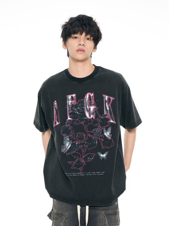 AFGK Metal Rose Print Distressed Washed Tee | Face 3 Face