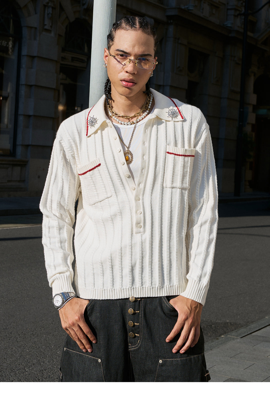 STEEPC Twisted Stripe Polo Knit Sweater | Face 3 Face