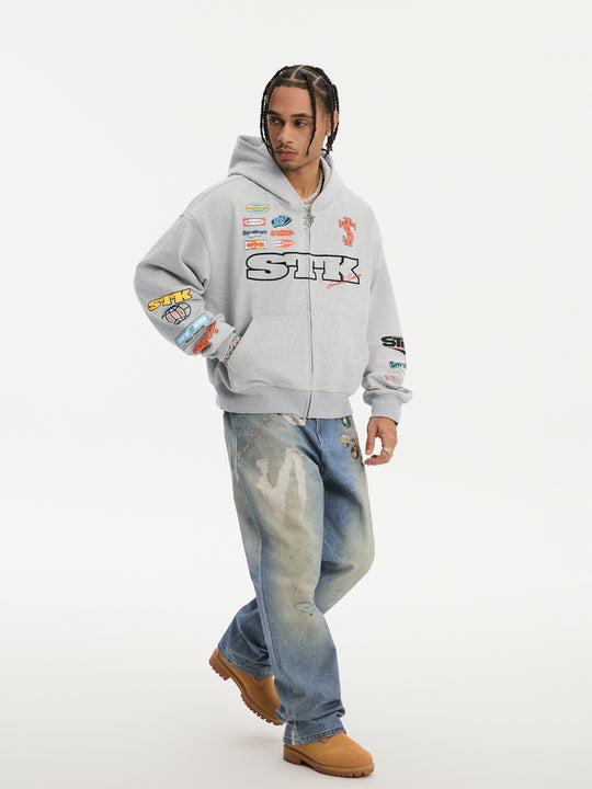 Small Town Kid Racing Badge Printed and Embroidered Zip-Up Hoodie | Face 3 Face