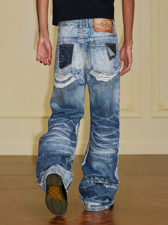 YADcrew Vintage Distressed Denim Print Loose Fit Wide Leg Jeans | Face 3 Face