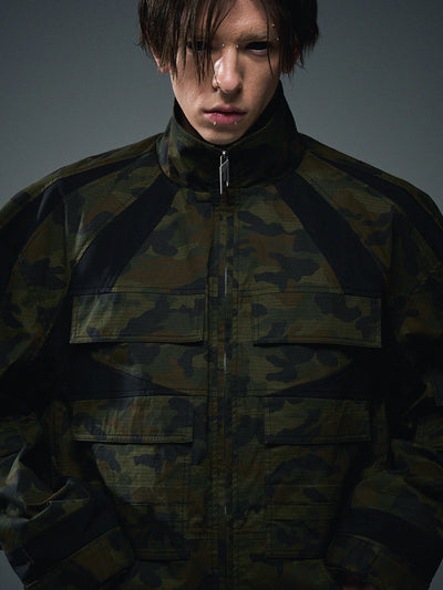 BLIND NO PLAN Colorblocking Textured Check Camouflage Work Jacket | Face 3 Face