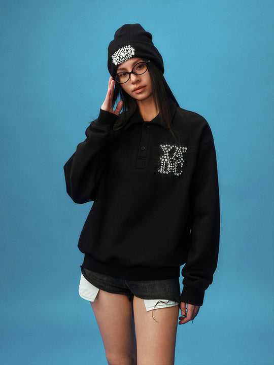 YADcrew Diamond-Studded Leather Logo Polo Sweatshirt | Face 3 Face