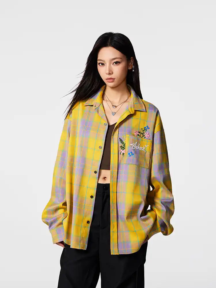 Achock Flower Embroidery Plaid Long Sleeved Shirt | Face 3 Face