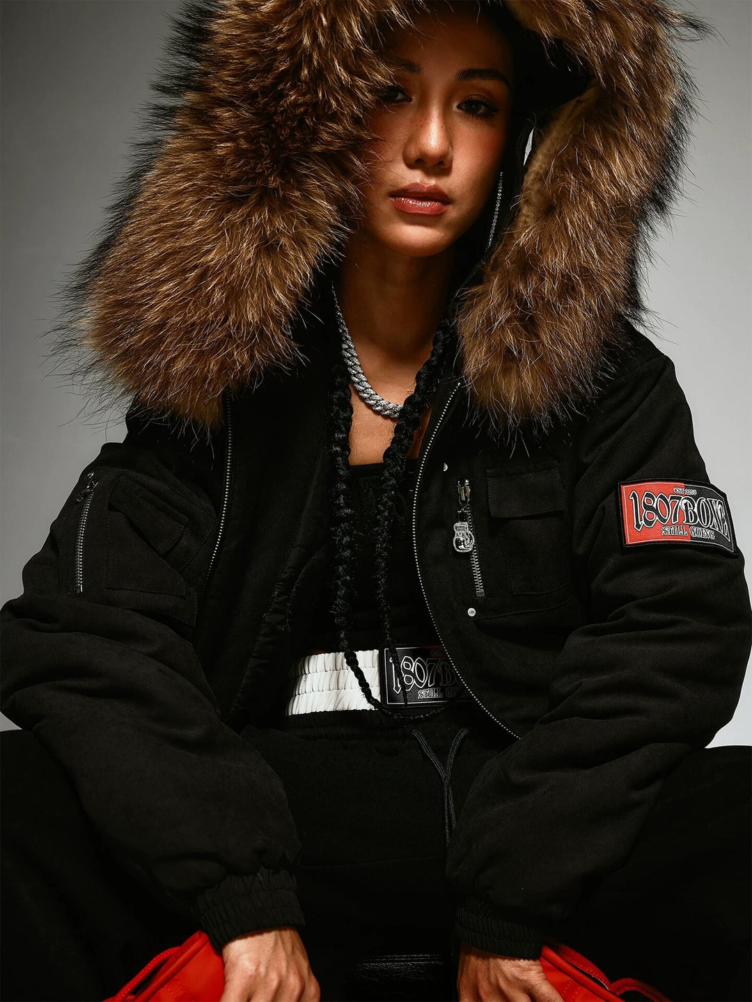 1807 Faux Fur Hood Trim Bomber Jacket | Face 3 Face