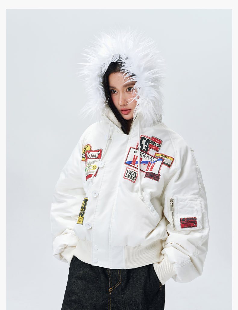 MEDM License Plate Patch Fur-Hooded MA-1 Bomber Jacket | Face 3 Face