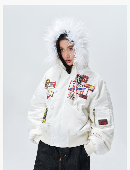 MEDM License Plate Patch Fur-Hooded MA-1 Bomber Jacket | Face 3 Face