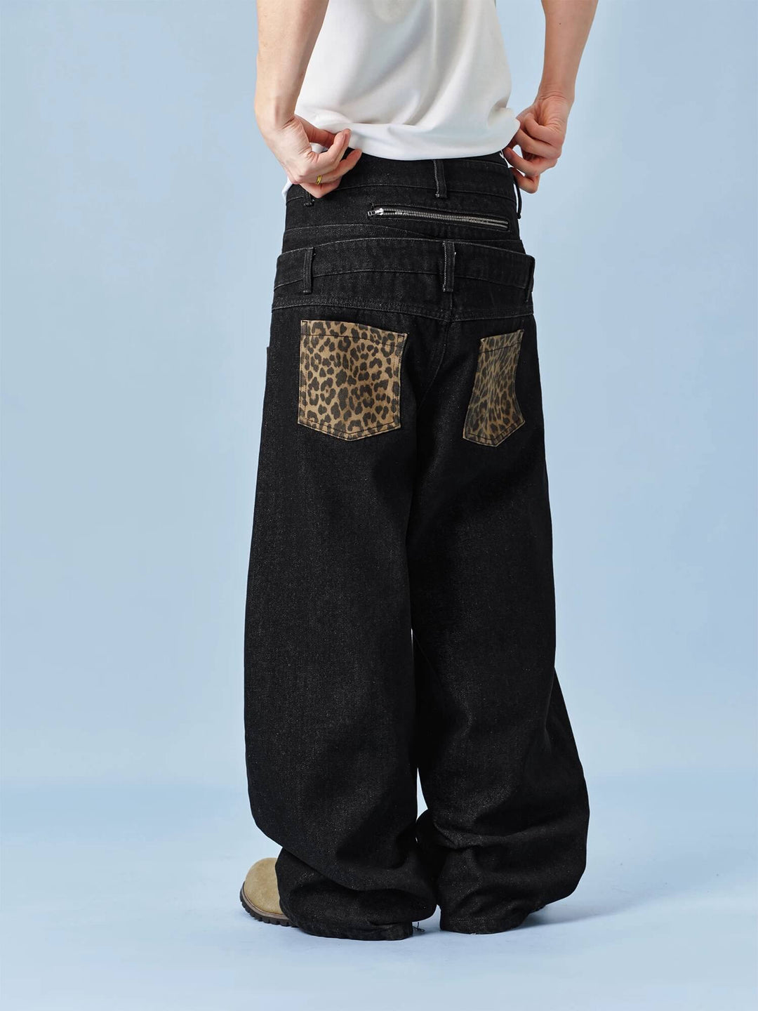 MEDM Double Waist Leopard Print Pocket Baggy Jeans | Face 3 Face