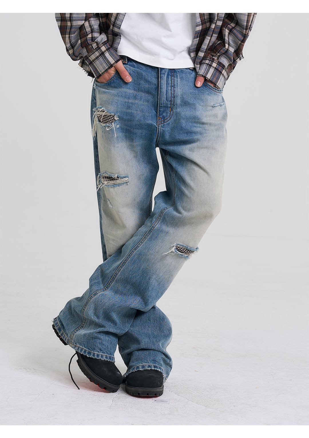 EVILKNIGHT(EK) Washed Checkered Patch Distressed Jeans | Face 3 Face