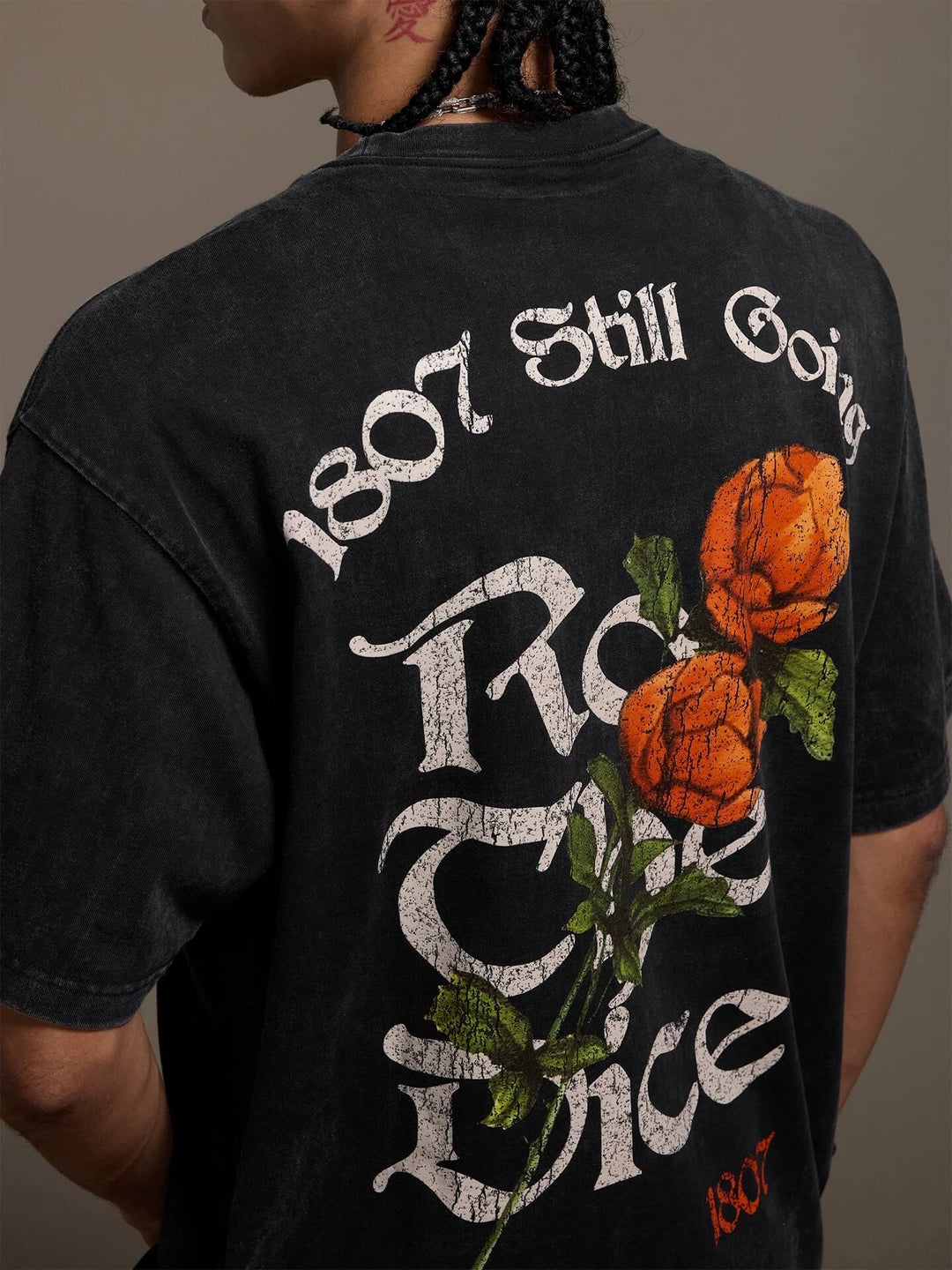 1807 Vintage Cracked Rose Print Washed Short Sleeve Tee | Face 3 Face